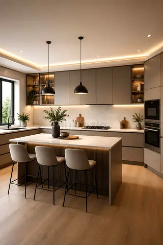 Modern kitchen with island and pendant lights - set of 3 bar stools included