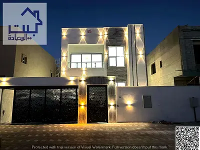 Villa for sale in Al Zahia area. Includes a swimming pool, a front parking area, and a spacious int