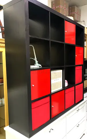 Large Black 16-Cube Storage Shelf with Red Doors and Bins