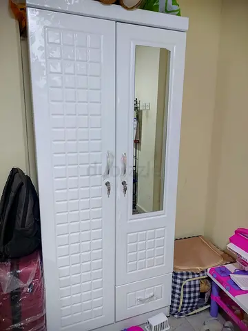 White 2-Door Wardrobe with Mirror - Good Condition