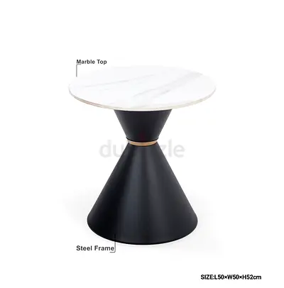 Round Marble-Top Side Table with Black Steel Hourglass Base