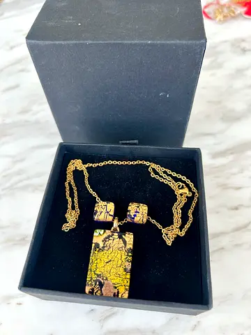 MURANO GLASS Italian Gold-tone Pendant Necklace with Matching Earrings - Mosaic Design