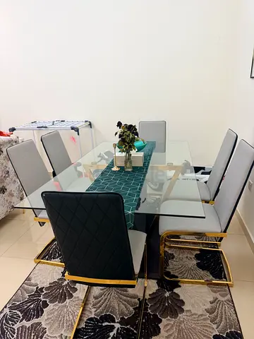 Glass Top Dining Table with 6 Upholstered Chairs (Gold Accents)
