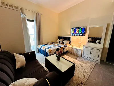 Furnished studio with balcony | For monthly rent in Ajman Corniche - near Ship Roundabout ✔️ Includes bills & internet ⚡📶 Ready to move in !
