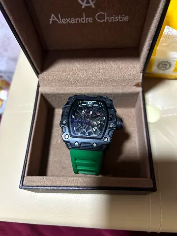 Richard mille master copy men's skeleton watch with green rubber strap