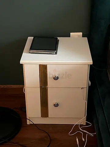 2 White bedside table with drawers and brass accent - good condition
