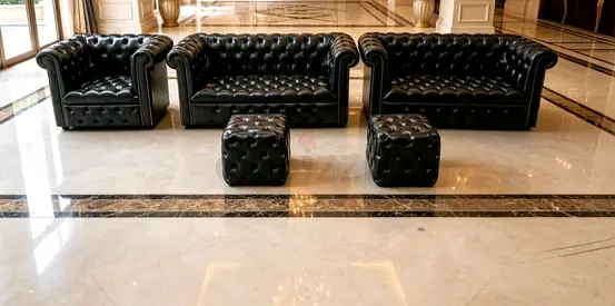 Black Leather Chesterfield Sofa Set - 3 seater, 2-seaters and 2 ottomans