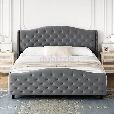 Grey Tufted Upholstered Queen Size Bed Frame