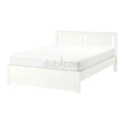 White Wooden Double Bed Frame with Headboard With One Side Table - Clean Modern Design