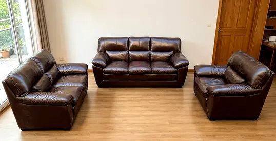 Dark brown leather 3-piece sofa set (3-seater + 2-seater + armchair) in good condition