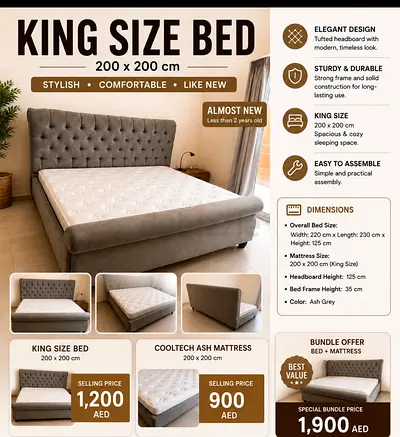 King Size Upholstered Bed with Mattress - Ash Grey (200 x 200 cm)
