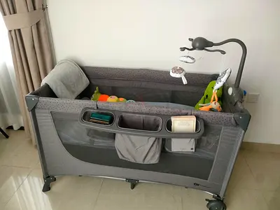 Grey Portable Baby Playpen / Bassinet with Mobile and Storage Organizer