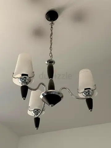 3-Arm Chrome and Wood Chandelier with Frosted Glass Shades(set of 2)