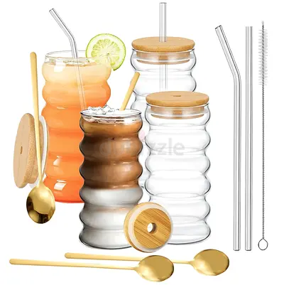 4pcs Unique Ribbed Drinking Glasses with lids and 3 straws, 500ml (BRAND NEW)