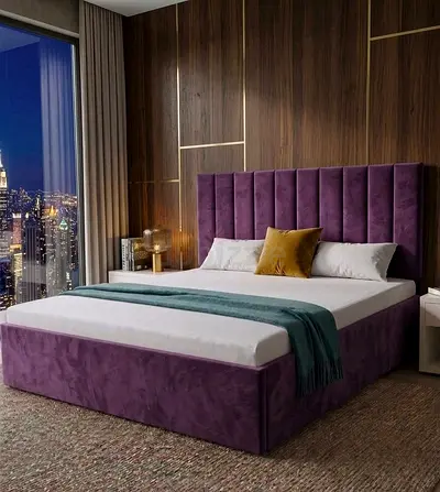 Purple Upholstered Velvet King size Bed with Tall Padded Headboard