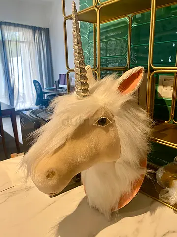 Plush Unicorn Wall Mount Head - Soft Mane, glitter Silver Horn