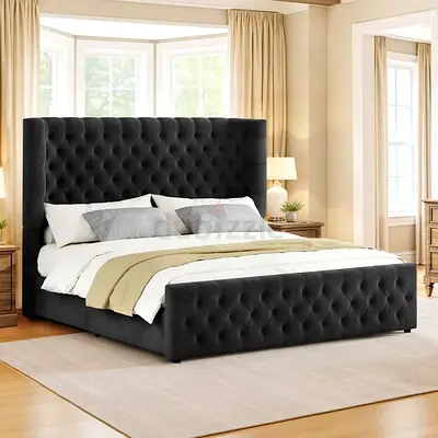 Modern Black Tufted Upholstered King Size Bed Frame