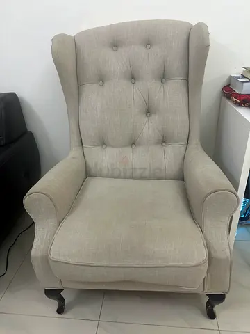 Beige Fabric Wingback Armchair with Button Tufting