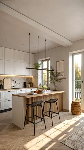 Modern kitchen island with bar stools — light wood finish