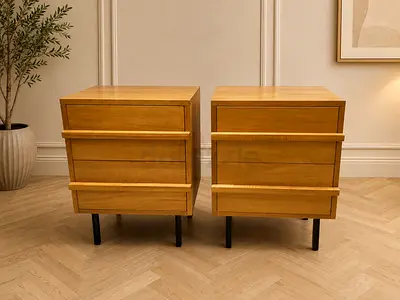 West elm Pair of Modern Wooden Nightstands with Black Metal Legs