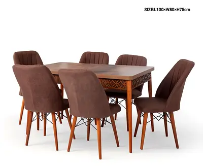 Solid Wood 6-Seater Dining Table with Upholstered Brown Chairs