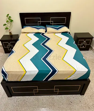 Wooden bed frame with storage, Spring Mattress with two matching bedside tables - dark finish