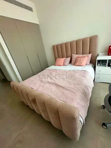 Upholstered Velvet Double Bed with Headboard - Soft Pink +mattress