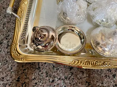 Silver-plated decorative serving tray with covered bowls - set