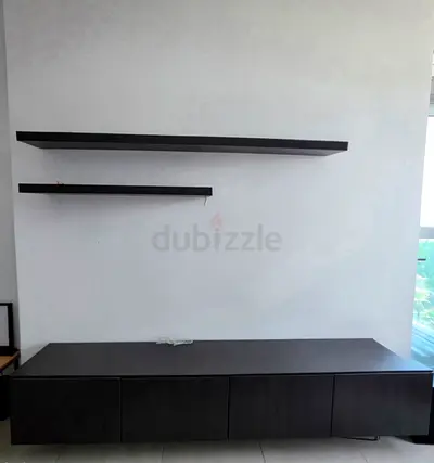 IKEA BESTÅ TV bench with doors, black-brown, 240x41x39 cm plus wall hunged shelves - good condition