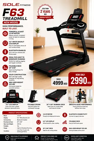 Sole Fitness F63 Treadmill - Foldable, Bluetooth, 20" x 60" Running Deck