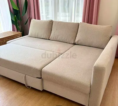 Beige L-shaped Sofa Bed — Converts to Double Bed, Good Condition