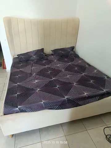 Beige Upholstered Double Bed with Headboard - Good Condition