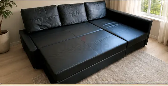 Black Leather Convertible Corner Sofa Bed - Good Condition
