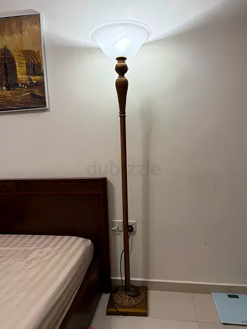 Classic tall floor lamp with frosted glass shade - antique golden finish, 180cms talk