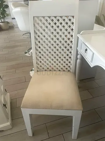 White Wooden Dining Chair with Beige Upholstery - Good Condition from Marina Homes