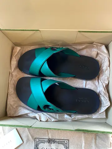 Green leather slide sandals - worn once, in box