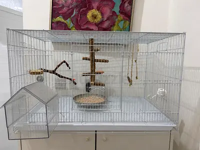 Large metal bird cage with perches and feeding stations - good condition