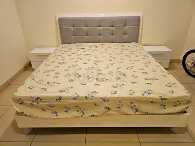King size upholstered Bed, 10 inch Mattress, 2 Nightstands