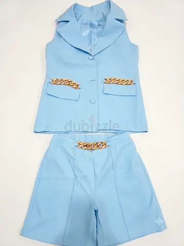 Light Blue Women's Two-Piece Vest and Shorts Set with Gold Chain Detail