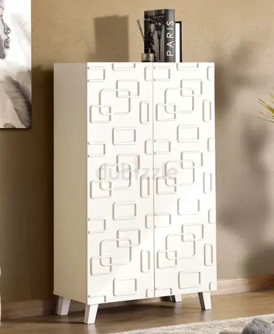 White 2-Door Storage Cabinet with Geometric Front Panels