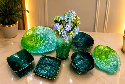 Green textured glass serving bowls and platters set (7 pieces)