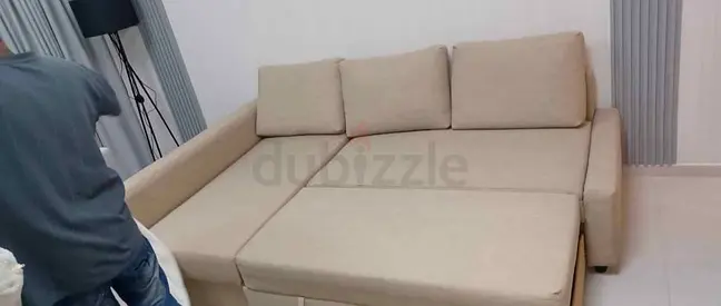 Comfortable L-Shaped Sofa Bed in Beige Fabric