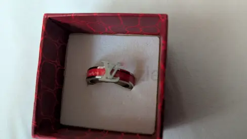Silver-tone LV logo ring with red enamel in original box