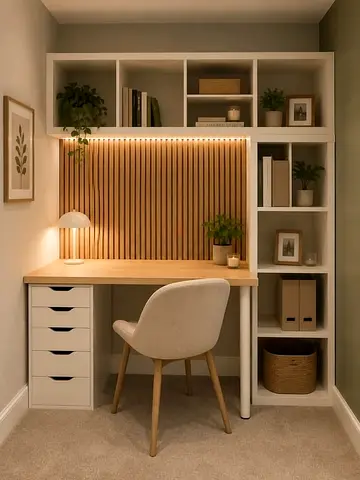 Compact built-in study desk with shelving and LED backlight