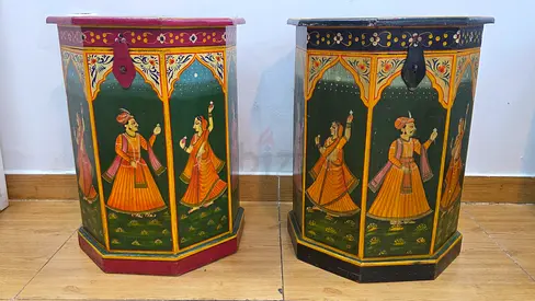 Pair of Hand-Painted Rajasthani Wooden Storage Chests / Side Tables – Vintage Indian Decor
