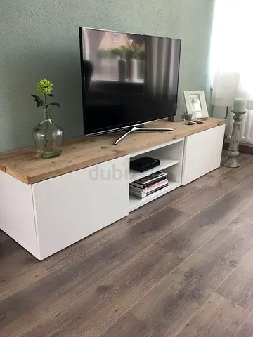 White TV Cabinet with Wood Top — Modern Low Media Unit