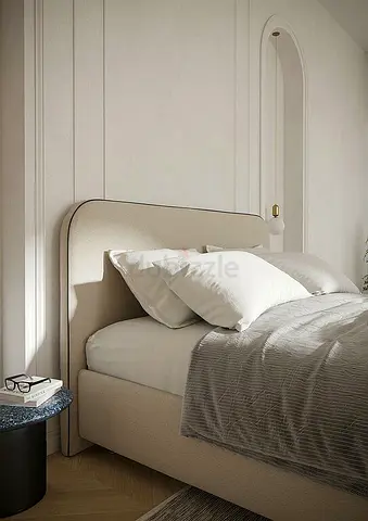 Beige Upholstered Bed Frame with Padded Headboard