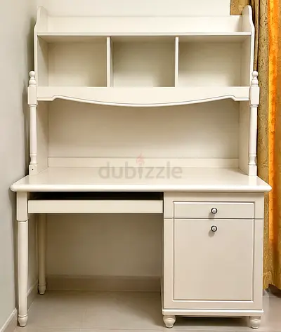 White Wooden Study Desk with Hutch and Drawer - Good Condition