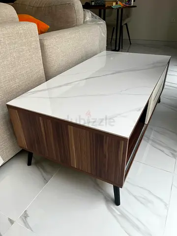 Modern Wood and Sintered Stone-Top Coffee Table with Storage