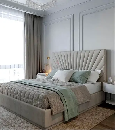 Modern upholstered king-size bed with padded headboard - excellent condition